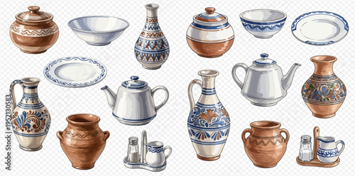 Collection of traditional ceramic pottery, dishes, and kitchenware with decorative patterns and rustic designs.