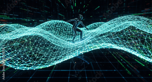 Abstract Digital Avatar Surfing on Data Wave, Futuristic Technology Concept.