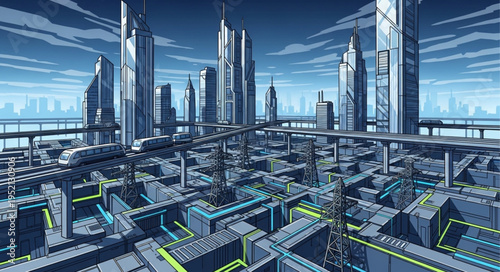 Futuristic Cityscape with Towering Skyscrapers and Elevated Transportation.