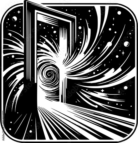 Cosmic Gateway: A striking illustration of an open doorway, emanating radiant energy, beckons towards a realm of cosmic wonder, stars swirling in a captivating monochrome scene.