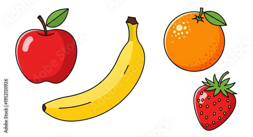 Assortment of Fresh Fruits Including Apple Banana Orange Strawberry.