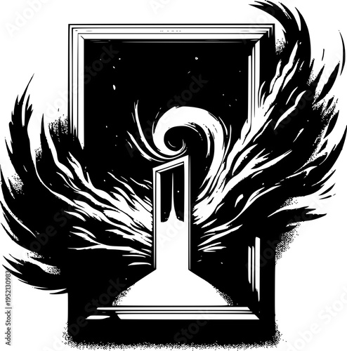 Gateway to the Unknown: An artistic, monochromatic illustration depicts a symbolic portal opening into a vast, swirling cosmos, inviting introspection and sparking the imagination.