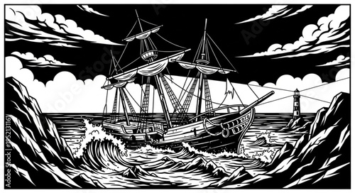 Monochrome Ship Navigating Stormy Seas Near a Guiding Lighthouse.