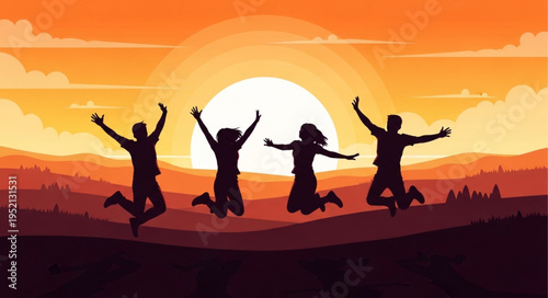 Four friends jumping for joy at sunset silhouette.