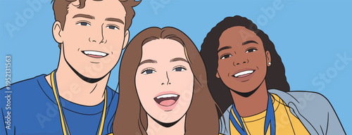 Group of three young people smiling together at an event wearing medals in front of a blue background