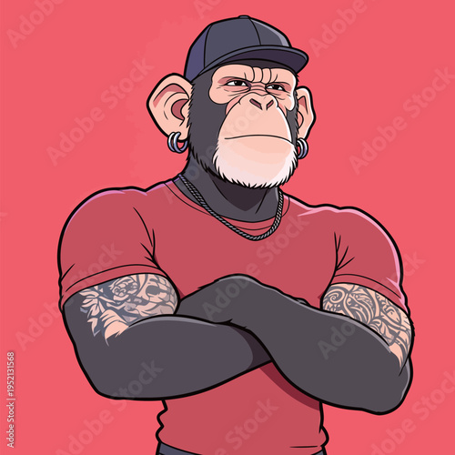 Strong monkey character in red shirt with tattoos stands confidently against bright background