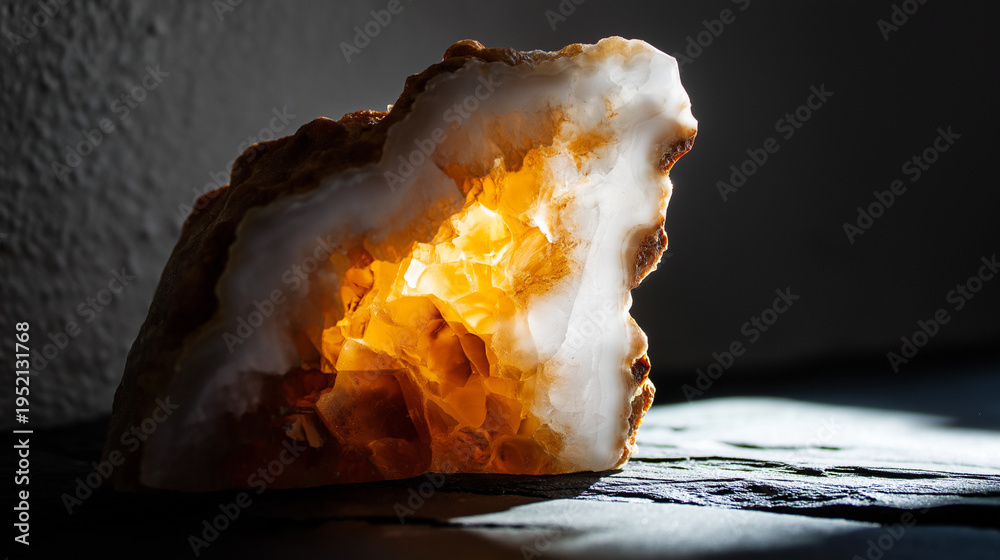 Fototapeta premium density. Macro view of a rough geode core in a polished shell on dark slate, dramatic side lighting. STEM education sheets.