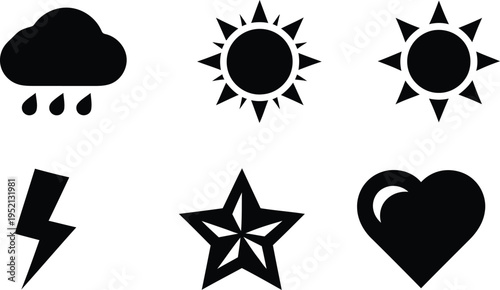 Collection of six black weather and symbol icons on white background