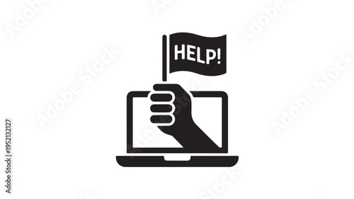 A minimalist black and white icon design depicting a hand emerging from a laptop screen holding a flag with the word 'HELP!' visible on it, symbolizing online assistance or support