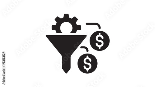 A Minimalist Black and White Icon Representing the Concept of a Sales or Marketing Funnel with a Gear and Coins Symbolizing Conversion and Profitability