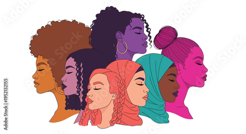 Diverse group of women shown in profile celebrating beauty and unity