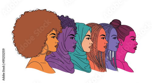Diverse group of women depicted in colorful illustrative portrait style