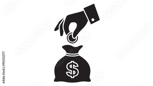 A graphic icon featuring a hand placing a coin into a dollar money bag, symbolizing financial savings, smart investments, wealth growth, and charitable giving initiatives