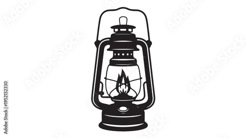 A classic vintage oil lantern rendered as a crisp black and white silhouette illustration, symbolizing traditional illumination and historical charm, perfect for design elements or thematic projects