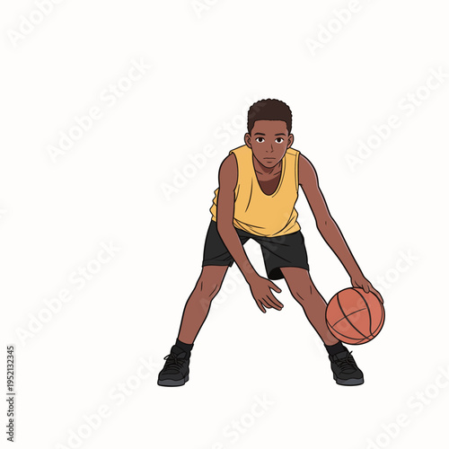 Young boy practices basketball drills while dribbling a ball on a plain background during a training session