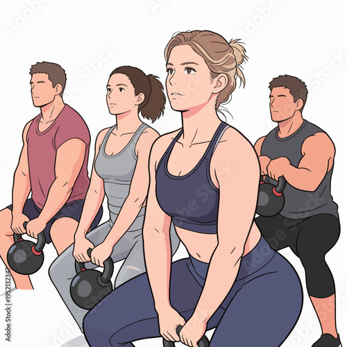 Group of people exercising with kettlebells in a gym during a fitness class session