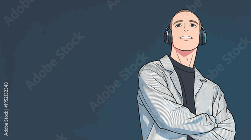 Young man listens to music with headphones while standing in a simple space during the afternoon