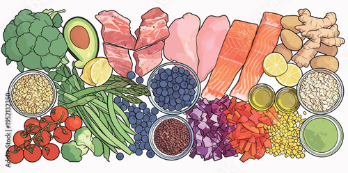 Healthy ingredients for meal preparation on a kitchen counter with fruits, vegetables, and meat arranged neatly