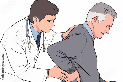 Doctor examines a patient with back pain in a medical office setting during daylight hours