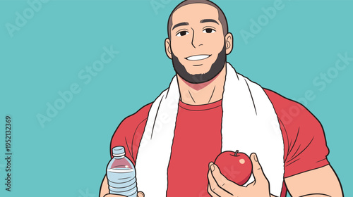 Fitness enthusiast holds water bottle and apple with towel around neck in bright setting