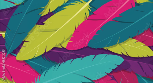 Vibrant and colorful abstract feather pattern background illustration. Modern flat design with overlapping feathers in bright hues, creating a lively texture.