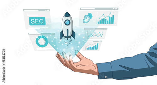 Launching seo strategy a hand holds a rocket amidst digital growth charts