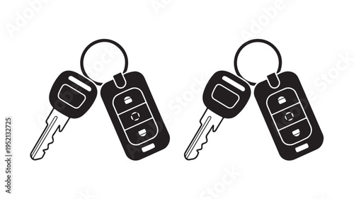 Vector illustration of two identical sets of car keys with remote fobs, featuring a monochrome design representing vehicle access, security, and ownership convenience for modern drivers