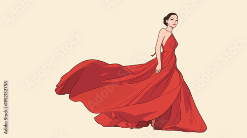 Woman in red dress walks with flowing fabric on simple background during daytime