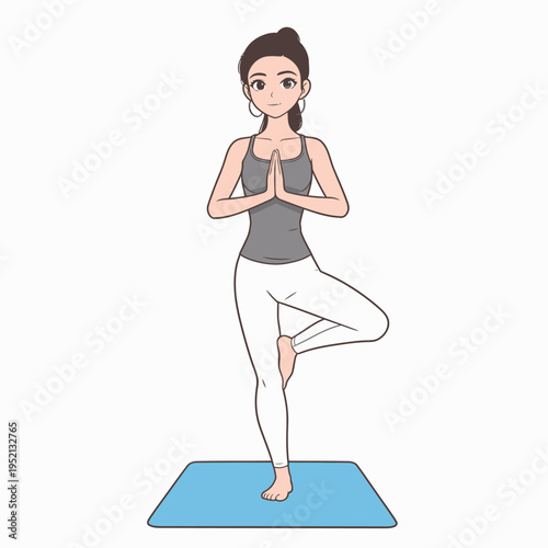 Woman practices yoga in a standing position on a blue mat during a daytime session focused on balance and mindfulness