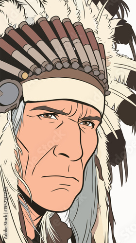 Portrait of a Native American man wearing traditional headdress sitting during a cultural gathering in a natural setting