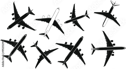 Airplane silhouettes collection featuring passenger jet aircraft from top view isolated on light background for aviation design, travel illustration and transportation graphics