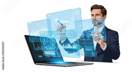 Tech-Savvy Visionary: A modern business professional interacts with an interactive virtual interface, showcasing technological innovation and future forward thinking.