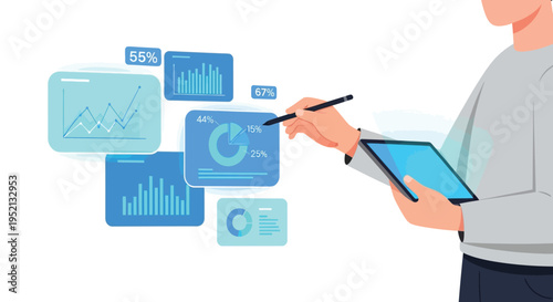 Analyzing Data: A person holds a tablet and stylus, pointing at a series of interactive charts and graphs, representing data visualization and analysis in a modern setting.