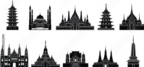 Asian temple and pagoda silhouettes collection with cultural landmarks and towers, black vector illustration isolated for travel, tourism, architecture, and heritage design projects