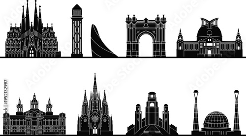 Barcelona skyline silhouette with famous landmarks including Sagrada Familia, Arc de Triomf and Torre Glories isolated on white background cityscape illustration