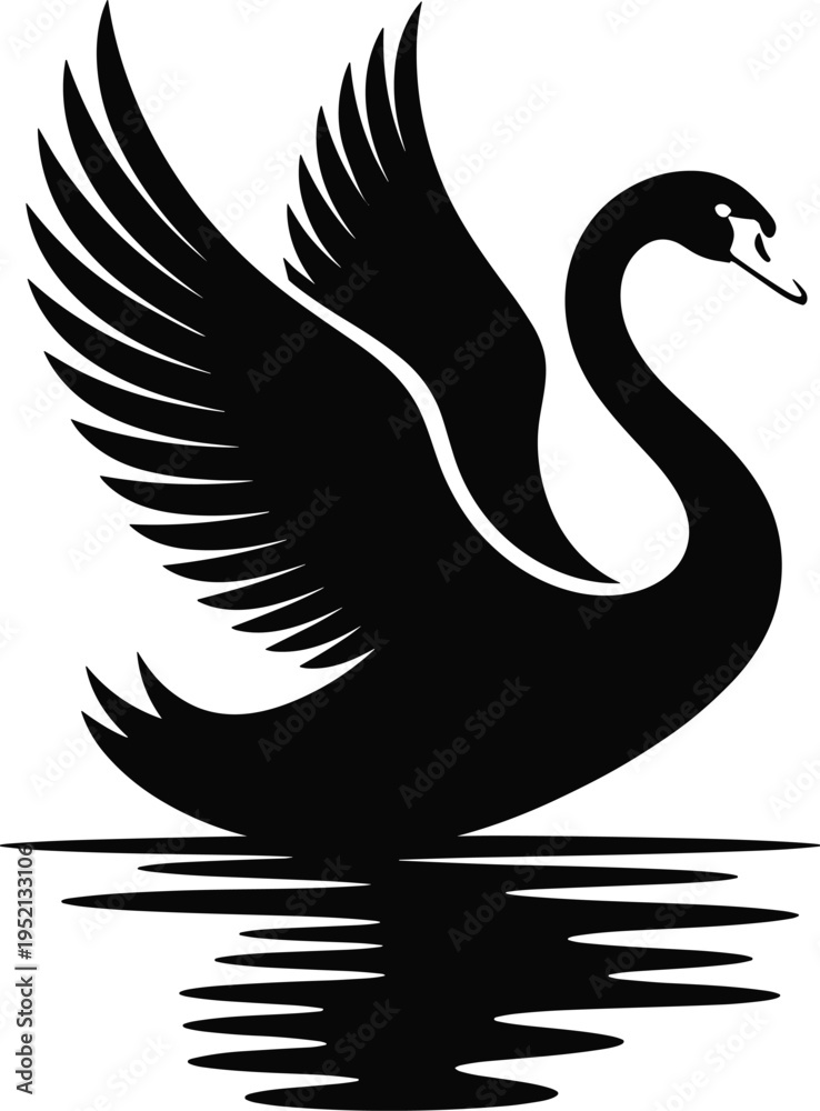 Fototapeta premium Elegant black swan silhouette vector illustration with open wings and water reflection isolated on white background for luxury logo design