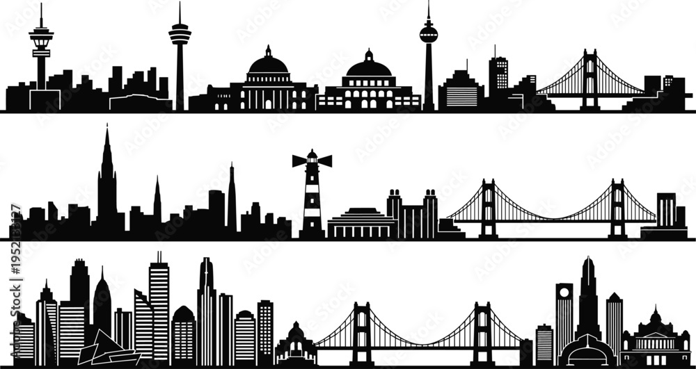 Obraz premium Black silhouette illustration of diverse city skylines with skyscrapers, domed buildings, towers, and suspension bridges for urban architecture, infrastructure, and design projects