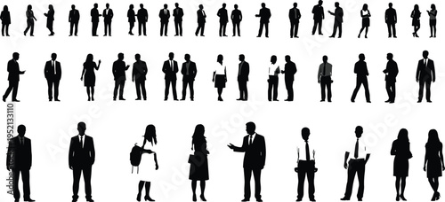 Black silhouette illustration of diverse business people in professional attire standing, walking, talking, and holding objects for workplace, corporate, and presentation design projects