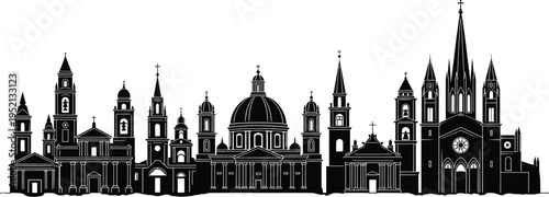 Black silhouette illustration of diverse cathedrals and churches featuring domes, spires, bell towers, and crosses for religious architecture, heritage, and cultural design projects