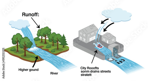 Water Runoff Illustration: A detailed illustration demonstrating the natural water cycle and its impact on the urban environment.