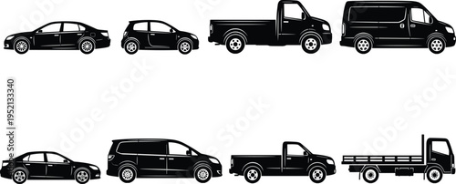 Black silhouette illustration of diverse vehicles including sedan, compact car, pickup truck, van, minivan, and flatbed truck for automotive, transport, and educational design projects