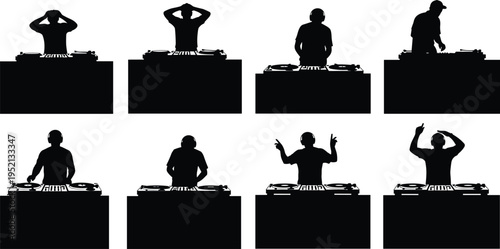 Black silhouette illustration of eight DJs with headphones performing behind booths using turntables and mixers for music, nightlife, and entertainment design projects