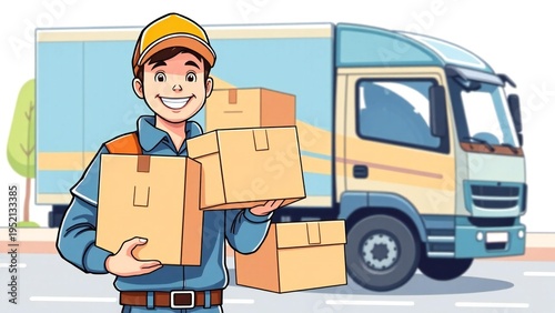 Smiling delivery man holding cardboard boxes next to a truck