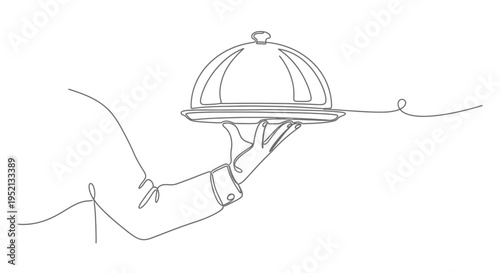 Elegant Serving: A minimalist line drawing showcases a refined hand holding a covered plate, symbolizing service and anticipation.