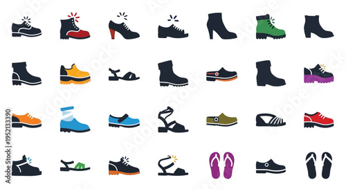 Assortment of Footwear Icons: A vibrant and diverse collection of footwear icons, meticulously crafted and rendered in a flat design style.