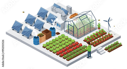 Sustainable Ecosystem: A depiction of a self-sufficient ecosystem with solar panels, a greenhouse, and crops, symbolizing sustainability and the integration of renewable resources.