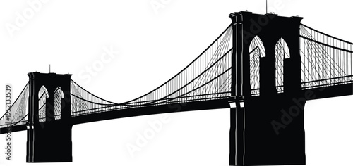 Brooklyn Bridge silhouette detailed suspension bridge illustration isolated on white background, iconic New York landmark architecture for travel, cityscape and design projects