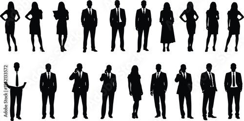 Business people silhouettes collection featuring professional men and women in corporate poses isolated on light background for office teamwork, leadership and company design