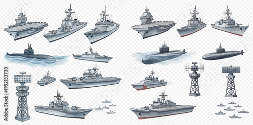 Collection of military ships, submarines, and radar towers for naval defense and warfare.