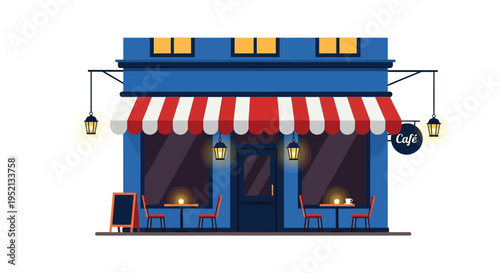 Cafe Exterior: A charming cafe facade, inviting passersby with its cozy atmosphere, awning, and vintage lights, hinting at delightful moments within.